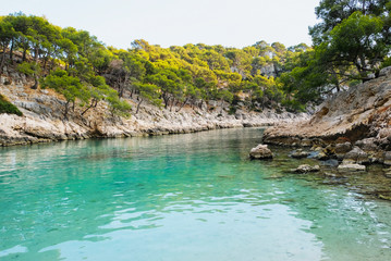Obraz premium Beautiful wild beach with turquoise water and rocky cliffs in Calanques National Park.