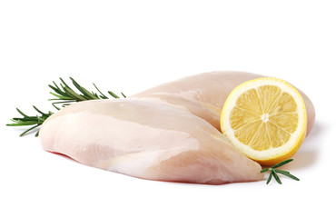raw chicken filet with lemon and rosemary isolated on a white background