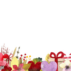 Postcard with flowers, herbs, berry, leaves and hearts. Template for invitation card, print. Watercolor illustration