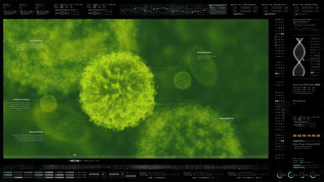 Advance head up display of electron microscope scanning airborne virus outbreak showing the anatomy of the virus in close up details