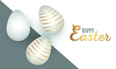 Easter banner design with gold, ornate eggs and confetti. Easter holiday background.
