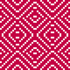Vector geometric folk ornament. Slavic traditional ethnic seamless pattern. Ornamental background with small squares, crosses, floral shapes. Repeat texture of embroidery, knitting. Red and white