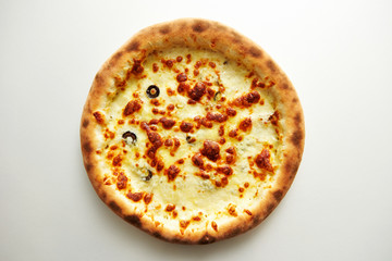 Cheese and olive pizza on white background