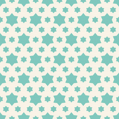 Simple vector star pattern. Abstract geometric seamless texture with small turquoise symmetric stars on white background. Minimal repeating design for decoration, wallpapers, textile, fabric, prints