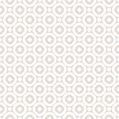 Vector minimalist seamless pattern with simple geometric shapes, round grid, hollow circles. Subtle abstract white and beige background. Delicate repeat texture. Design for decoration, textile, covers