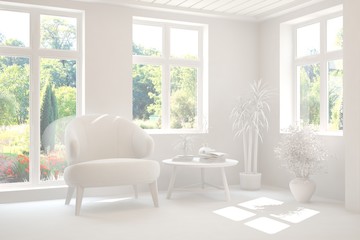 Mock up of stylish room in white color with armchair and green landscape in window. Scandinavian interior design. 3D illustration