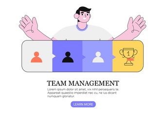 A man introduce team management or successful strategy infographics, road to success. Effective team building and coordination, teamwork, leadership, business or career coach vector illustration.