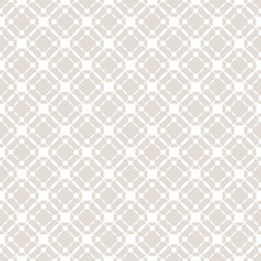 Vector grid seamless pattern. Subtle geometric texture with circles, squares, perforated surface. Graphic illustration of mesh. Simple repeat abstract background in soft pastel colors, white and beige