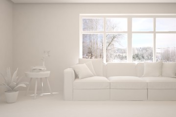 Mock up of stylish room in white color with sofa and winter landscape in window. Scandinavian interior design. 3D illustration