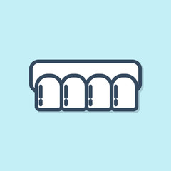 Blue line Dentures model icon isolated on blue background. Teeth of the upper jaw. Dental concept. Vector Illustration © Oksana