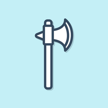 recommend clip art: Blue line Medieval axe icon isolated on blue background. Battle axe, executioner axe. Vector Illustration