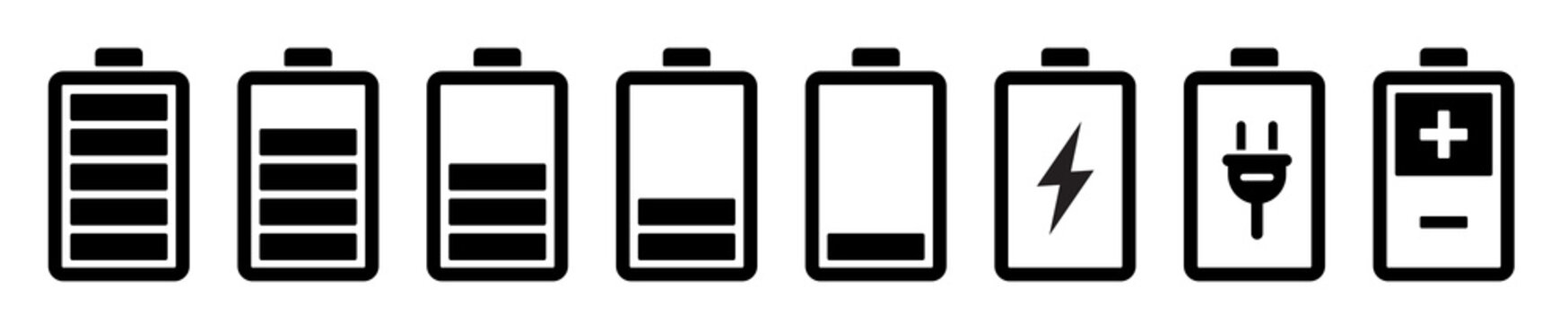 Battery icons set. Battery charging charge indicator icon. level battery energy. Alkaline battery capacity charge icon. Flat style - stock vector.