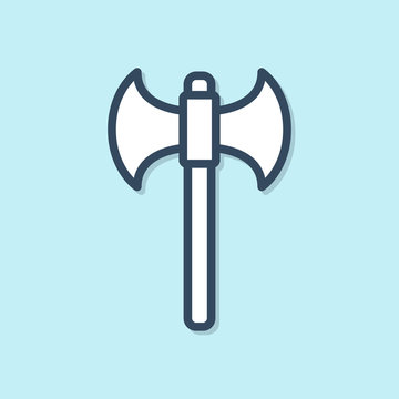recommend clip art: Blue line Medieval axe icon isolated on blue background. Battle axe, executioner axe. Vector Illustration