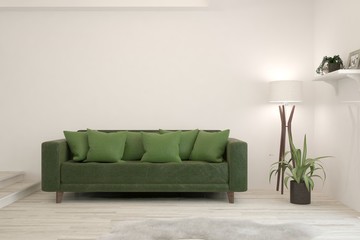 Stylish room in white color with sofa. Scandinavian interior design. 3D illustration
