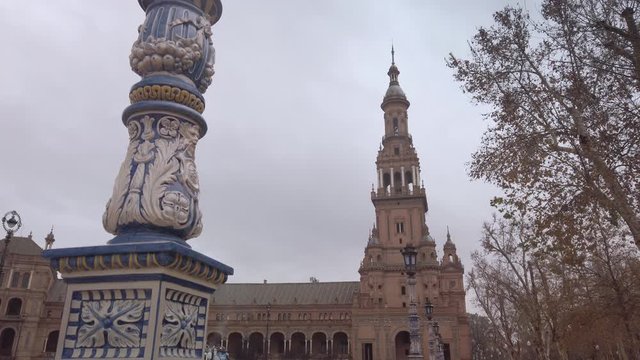 Tower of Plaza de Espana and painted lamp post, Seville, TILT UP