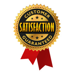 Customer Satisfaction Guaranteed Golden Medal, Label, Seal, red ribbon Isolated on White Background
