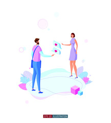 Trendy flat illustration. A guy and a girl are messaging. Love. Friendship. Social network. Acquaintance. Couple. Communication Template for your design works. Vector graphics.