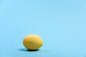 Yellow chicken egg on a blue background.