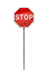 Classical Stop road sign on a metal pole isolated
