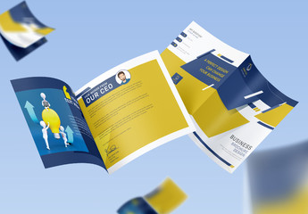 Blue and Yellow Square Business Brochure Layout with Character Illustrations