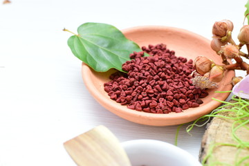 Achiote seed called Bixa orellana of America, used to flavor food