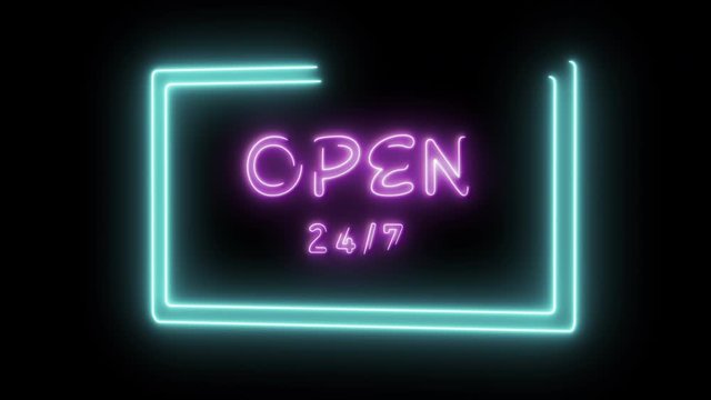 Neon open 24 hours 7 days a week sign.