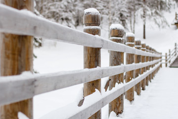 beautiful long wooden fence covered with white frost and snow going into the distance in winter, linear perspective