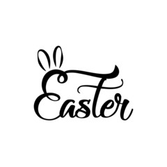 Easter black hand drawn lettering with rabbit ears on white background for banner, postcard, label, poster design element. Vector illustration.