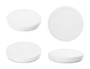 Collage with wireless chargers on white background