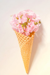 Waffle cone with pink pelargonium and roses with leaves