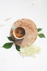 coffee with mint leaves on wooden background with copy space for your text. morning concept