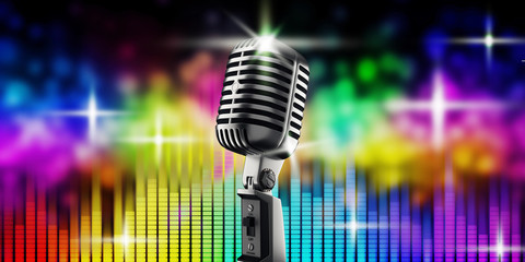 Retro microphone on stage in a studio  glow background or American style during a night show. 3d rendering