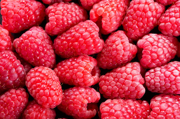 fresh raspberries as background, top view