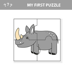 Cartoon Illustration of Education Puzzle Game for Preschool Children with Funny Rhino or Rhinoceros Animal - my first puzzle