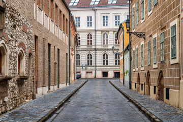 Fototapeta na wymiar Cobblestone medieval street in Budapest, Hungary