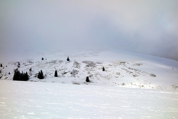 Nebel am schneebedeckten Feldberg im Schwarzwald. Bew&ouml;lkter Himmel und K&auml;lte am Skigebiet