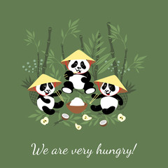 Little hungry pandas eat rice and fruits. Illustration for children.