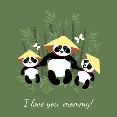 Mom Panda goes for a walk with her children. Illustration for children. Cute pandas.
