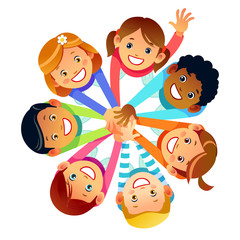 Kids friends from around the world around their hands. Multinational friendship of children of friends of the world. Cartoon Stock vector illustration isolated on white background