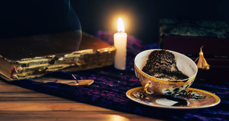 Turkish coffee future telling. Gypsy session. Coffee prediction. Occultism concept. Magical things. 