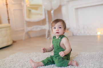 Boy 1 year sitting on the carpet in a bright room.