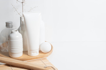 beauty treatment medical skincare and cosmetic lotion cream serum oil mockup bottle packaging product on white decor background, healthcare and medicine concept