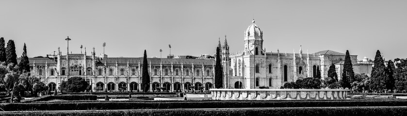 Panorama of the Jeronimos Monastery or Hieronymites Monastery, former monastery of the Order of Saint Jerome and the Maritime Museum in the parish of Belem, Lisbon, Portugal in black and white