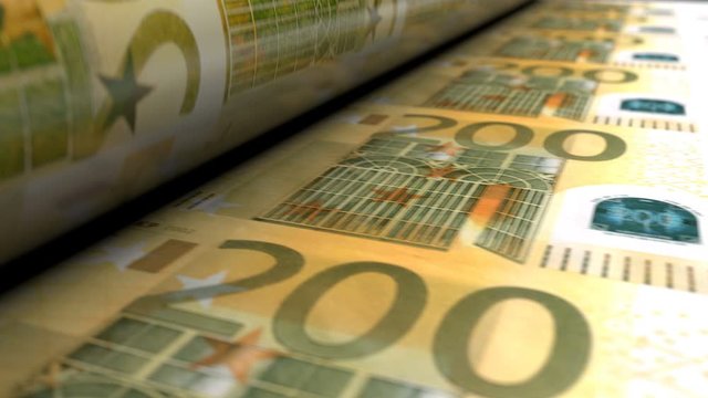 Extreme close-up of Euro money printing press machine printing 200 EUR banknotes. Seamlessly looped animation showing how European currency is being emissioned and printed.
