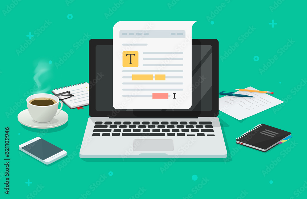 Poster text file or document content editing online on laptop computer on working desk table vector flat ca