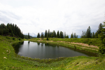 Beautiful lake Flesch in the swiss mountains on a cloudy day