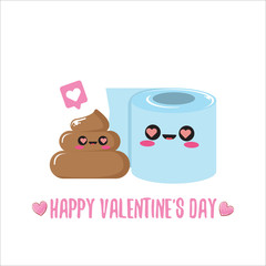 Funky poo and toilet paper falling in love. Valentines day cartoon funky greeting card or banner with paper roll and poo character isolated on white background. 14 february creative cute banner