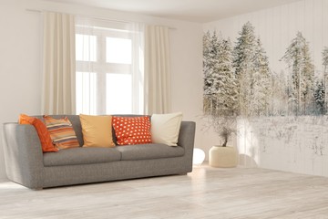 Stylish room in white color with sofa and decorated wall. Scandinavian interior design. 3D illustration