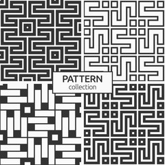 Set of four Korean or Chinese seamless patterns. Repeatimg geometric symmetric ornaments. Modern stylish textures. Trellis. Symmetric lines lattices. Vector monochrome tiled ethnic backgrounds.