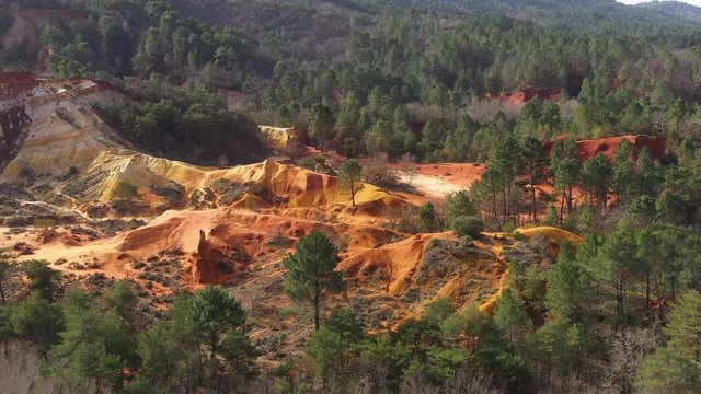 Aerial view of Rustrel Colorado Provencal ochre quarry reddish colored soil France 